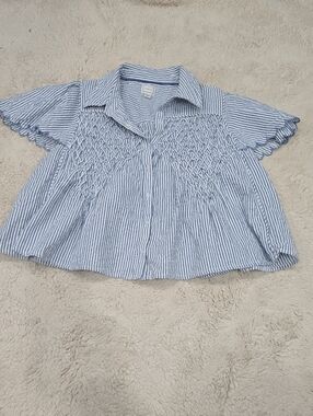 Maeve Blue & White Striped Smocked Button-Front Blouse